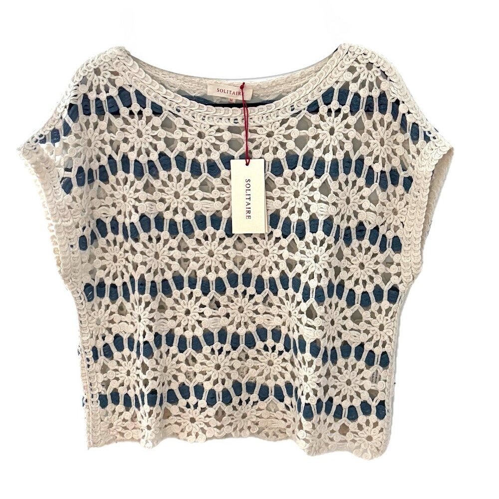 Solitaire Crochet Pullover Top Women's Sz M Round Neck Cap Sleeves Floral NWT - Picture 9 of 10